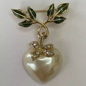 Vintage Joan Rivers Heart Leaf Pin Pearlescent Enamel Rhinestone Brooch